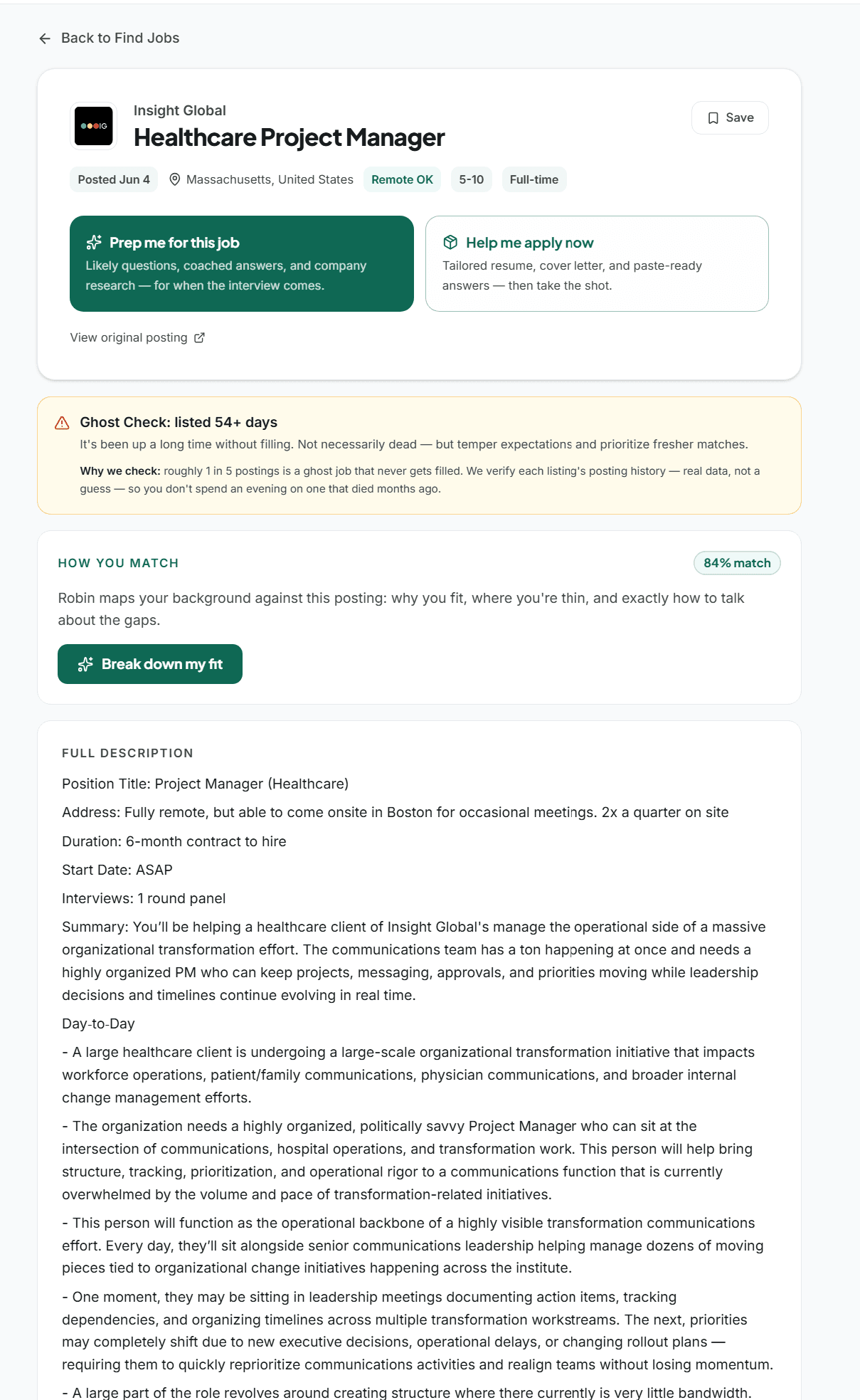 The top of a job detail page in Longbow for a Healthcare Project Manager role at Insight Global. An amber Ghost Check panel flags the posting as listed 54 or more days, with a 'Why we check' explainer underneath. Below it, a How You Match panel shows 84 percent with a 'Break down my fit' link.