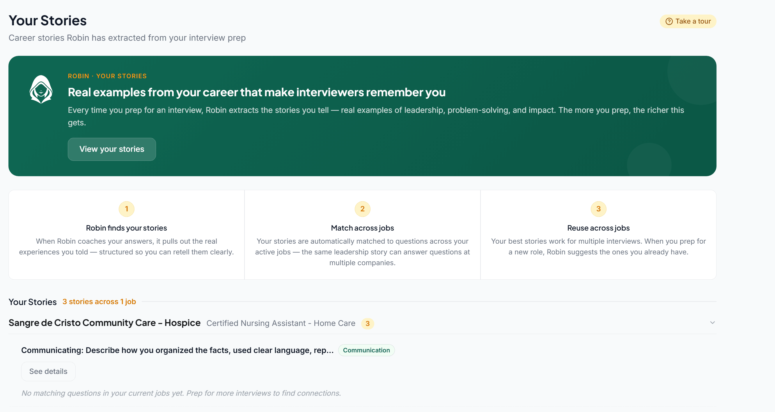 Longbow product screenshot: Your Stories — Robin extracts real examples from your career