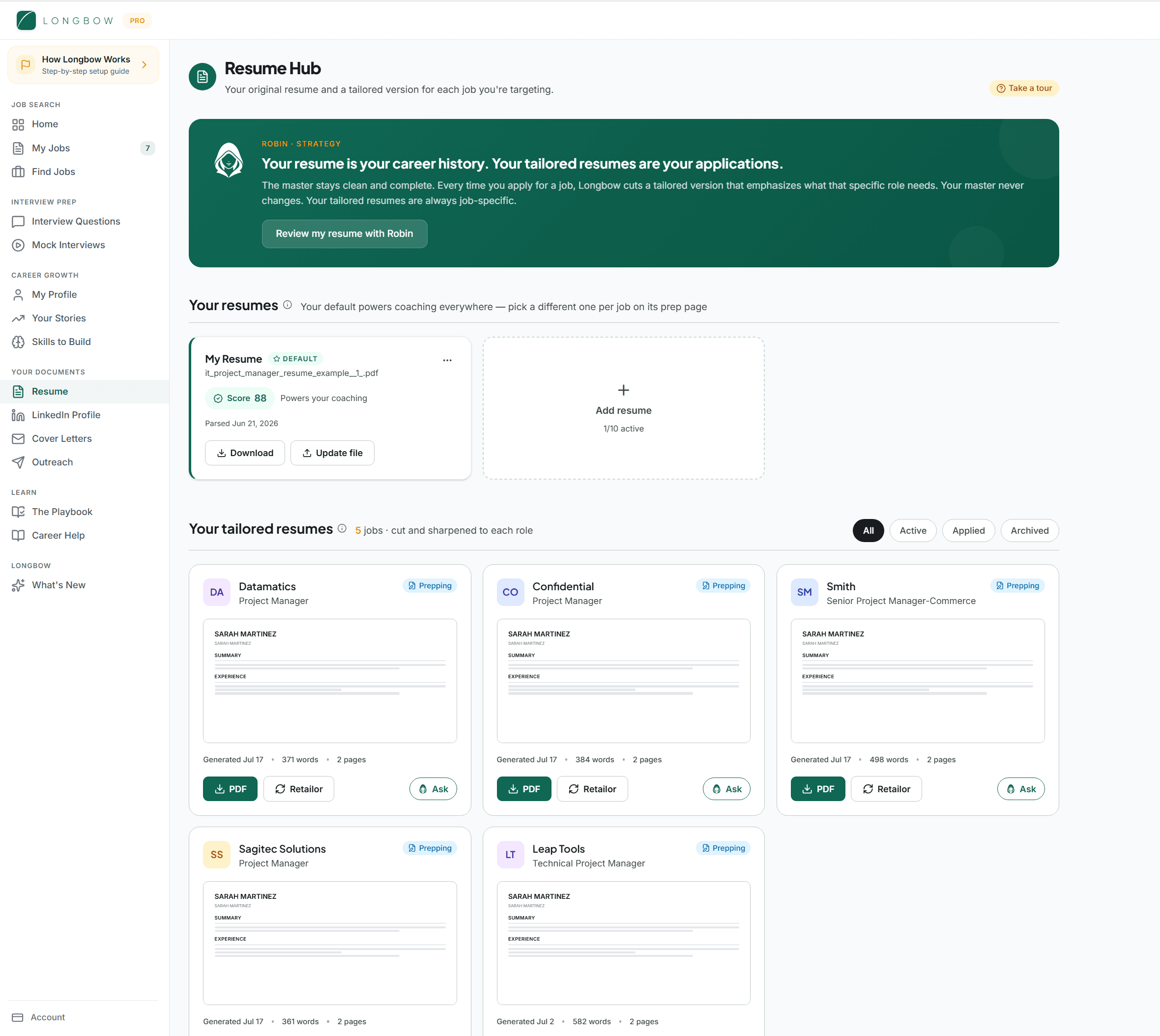The Resume Hub in Longbow showing one master resume scored 88, and beneath it five tailored resume versions, one per job applied to.